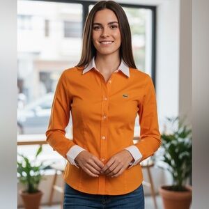 Vintage Lacoste Orange Button Front Blouse Shirt Women's Size 34